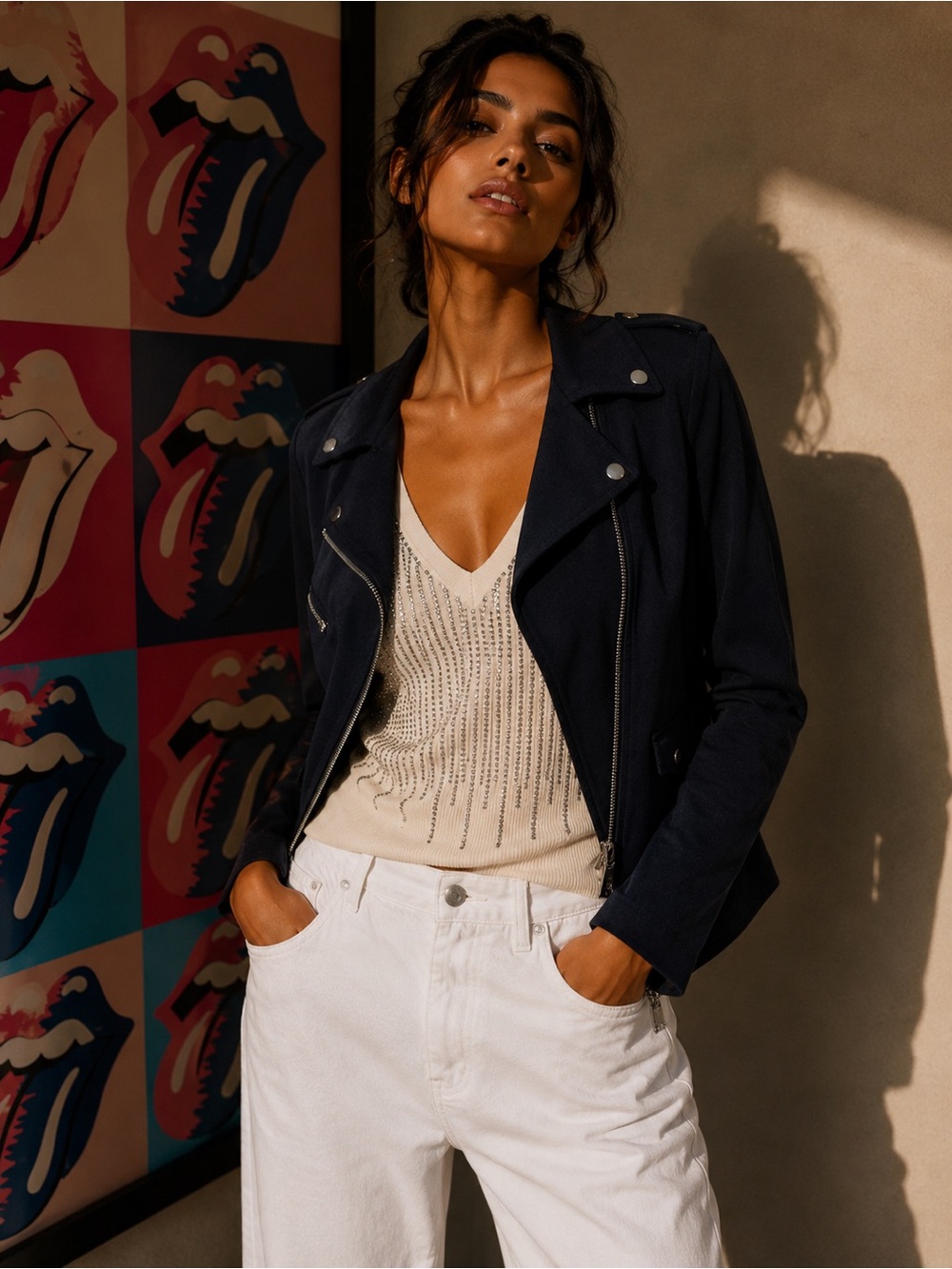 VERONICA BEARD Hadley Neoprene Moto Jacket - Navy Retail $650